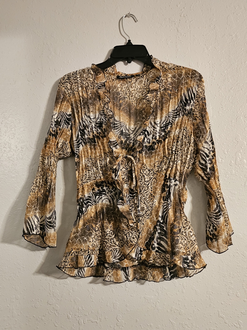 Animal-Print Ruffle Tie-Front Blouse in Brown, Black and Cream